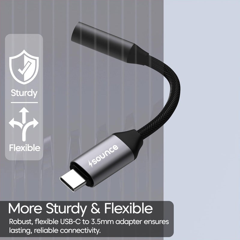 Sounce Type C to 3.5mm Portable Audio Aux Adapter, Connector, Built-in DAC, Braided Cable, Compatible with iPhone 16 Series /15 Series, Galaxy S25/S24 Ultra/S24 & Other Type C Phones - Image 4