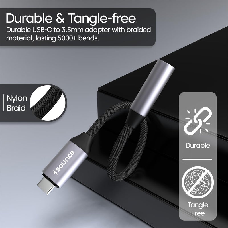 Sounce Type C to 3.5mm Portable Audio Aux Adapter, Connector, Built-in DAC, Braided Cable, Compatible with iPhone 16 Series /15 Series, Galaxy S25/S24 Ultra/S24 & Other Type C Phones - Image 2