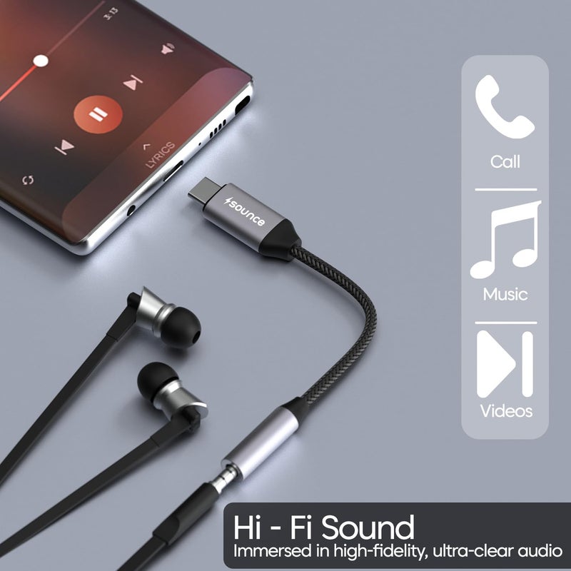 Sounce Type C to 3.5mm Portable Audio Aux Adapter, Connector, Built-in DAC, Braided Cable, Compatible with iPhone 16 Series /15 Series, Galaxy S25/S24 Ultra/S24 & Other Type C Phones - Image 3