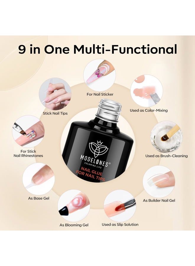 modelones 9 in One Gel Nail Glue Brush On Nail Glue 15 ml for tips, Rhinestones, Base Coat, Blooming Art Gel Kit for Acrylic tips U V Lamp Needed 2Pcs - Image 2
