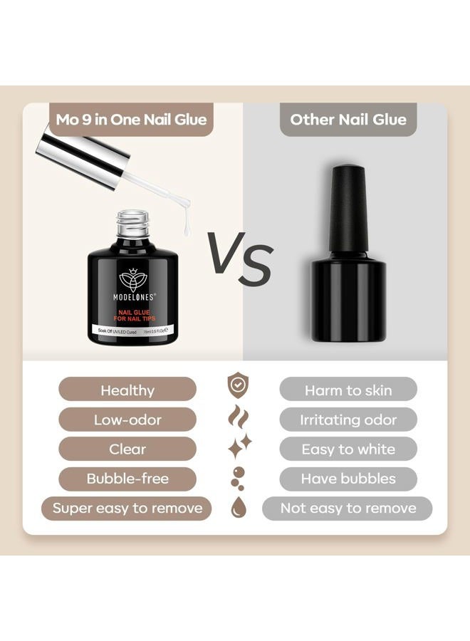 modelones 9 in One Gel Nail Glue Brush On Nail Glue 15 ml for tips, Rhinestones, Base Coat, Blooming Art Gel Kit for Acrylic tips U V Lamp Needed 2Pcs - Image 3