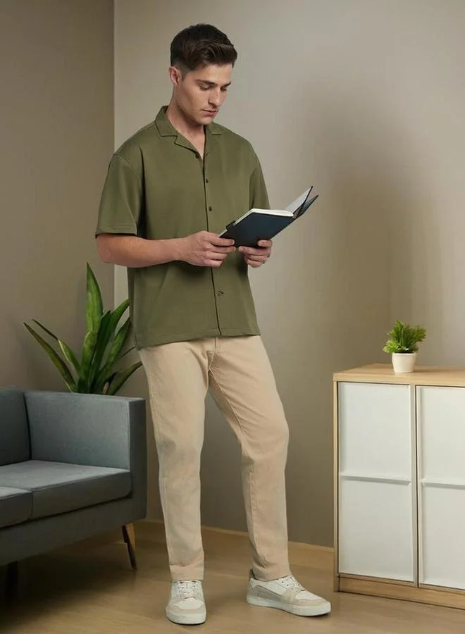 Dennis Lingo Men Olive Textured Cuban Collar Shirt