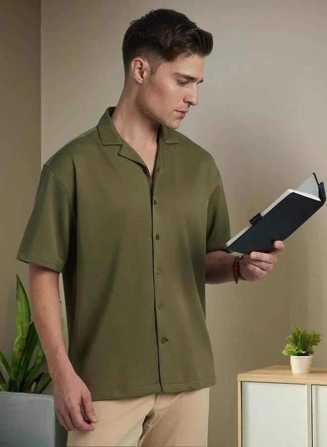 Dennis Lingo Men Olive Textured Cuban Collar Shirt