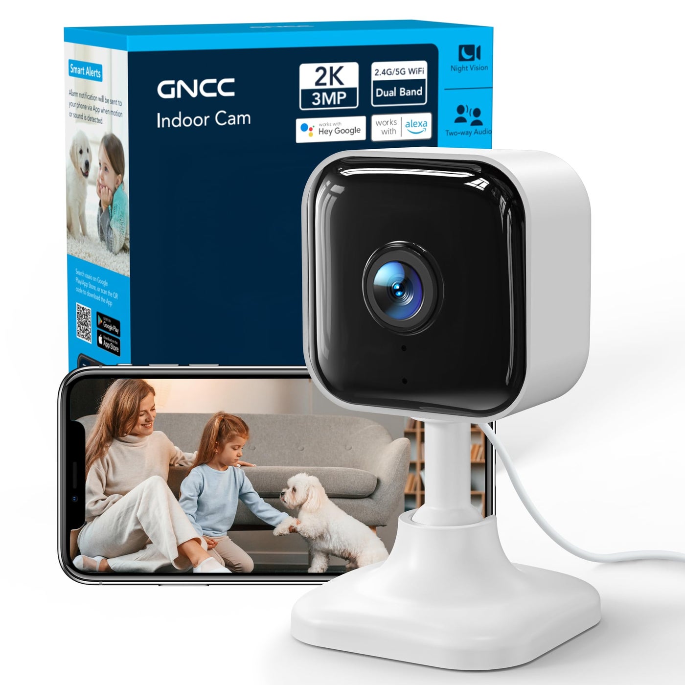 GNCC 2K Indoor Security Camera for Baby/Pet Monitor with Dual-Band WiFi, Dog Cam with Phone App, Motion Detection, IR Night Vision, Works w/Alexa & Google Home, Cloud & SD Card Storage, Plug-in, GC4