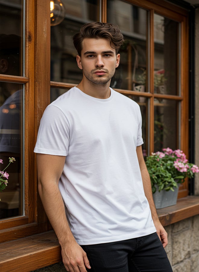 trendyol White Basic Slim Crew Neck Short Sleeve 100% Cotton T-Shirt TMNSS19BO0001 - Image 1