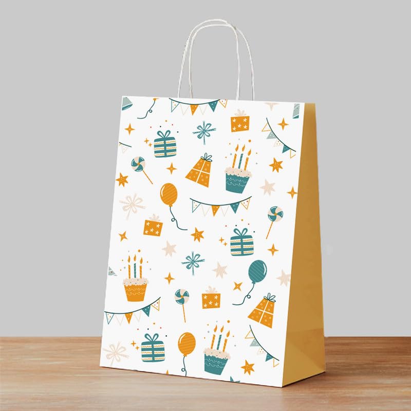 PaperPep White Orange Birthday Doodle PrintGift Paper Bags | Small (9"X7"X4" inches) | Attached gift tags, Ideal for Return Gifts, Weddings, Birthday & Celebrations | Pack of 10 - Image 4