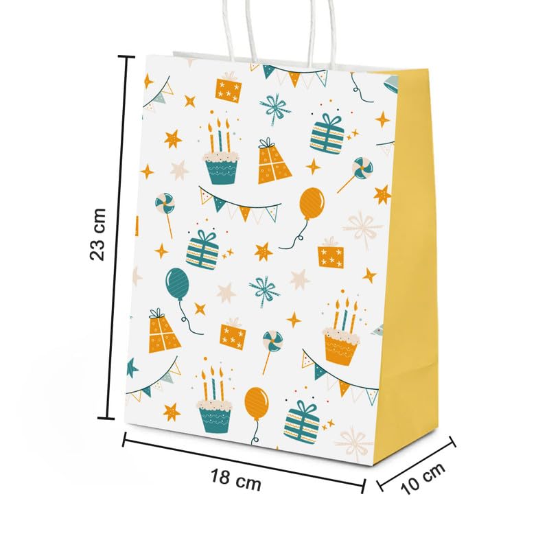 PaperPep White Orange Birthday Doodle PrintGift Paper Bags | Small (9"X7"X4" inches) | Attached gift tags, Ideal for Return Gifts, Weddings, Birthday & Celebrations | Pack of 10 - Image 2