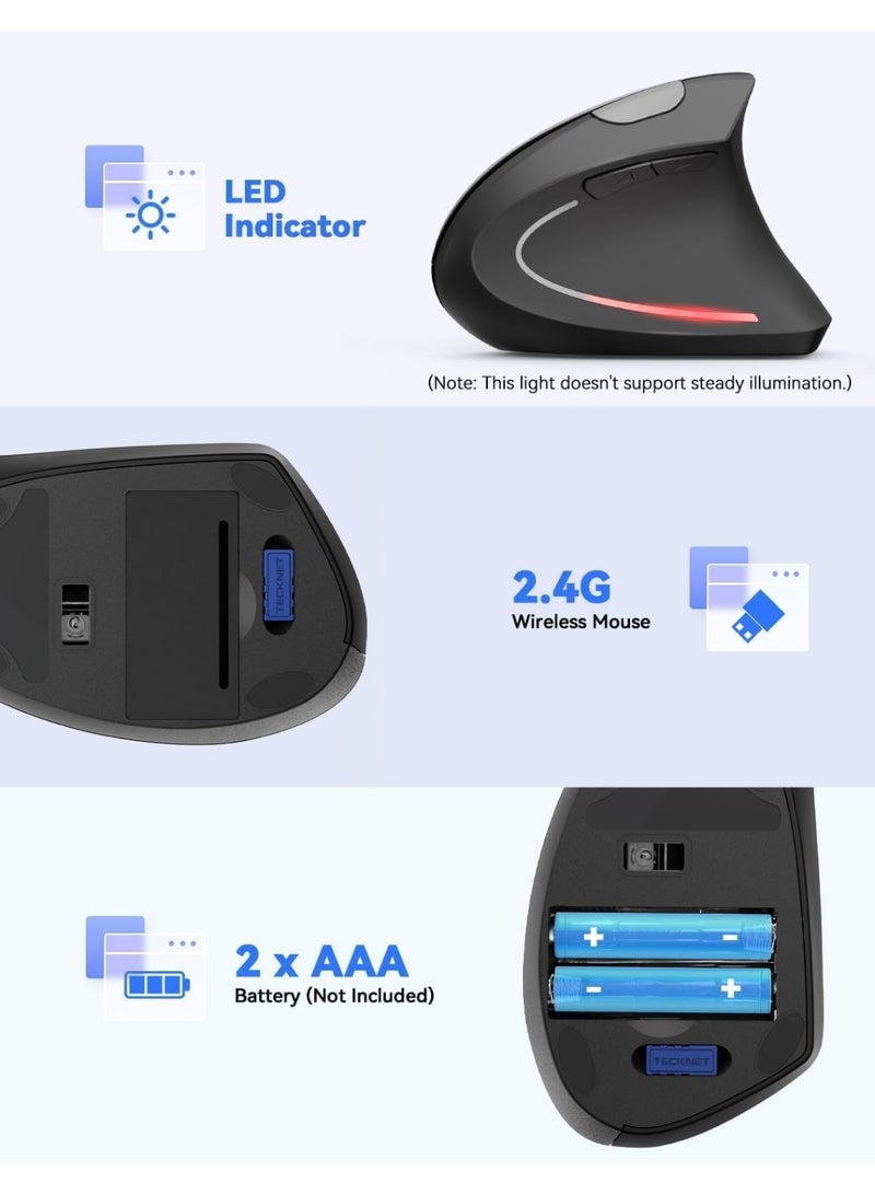 Ergonomic Vertical Wireless Mouse, 2.4G USB Optical Vertical Mouse with 800/1200/1600 DPI Adjustable, Comfortable Design for Laptop, Desktop, PC, Computer, Notebook – Wireless Ergonomic Mouse - Image 2