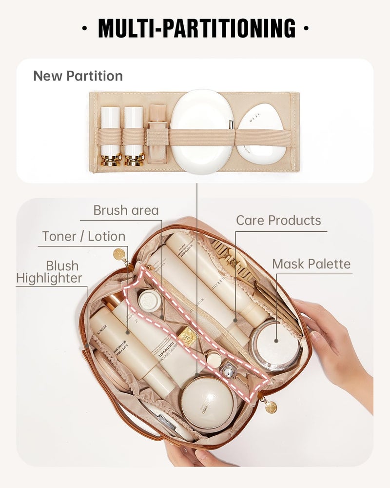 EACHY Travel Makeup Bag, Large Capacity Cosmetic Bags for Women, Waterproof Portable Open Flat Toiletry Bag Make up Bag with Divider and Handle (Large-Brown, Large) - Image 2