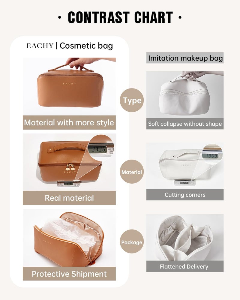 EACHY Travel Makeup Bag, Large Capacity Cosmetic Bags for Women, Waterproof Portable Open Flat Toiletry Bag Make up Bag with Divider and Handle (Large-Brown, Large) - Image 5