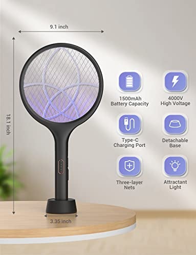 YISSVIC Electric Fly Swatter 4000V Bug Zapper Racket Dual Modes Mosquito Killer with Purple Mosquito Light Rechargeable for Indoor Home Office Backyard Patio Camping (2, Black) - Image 5