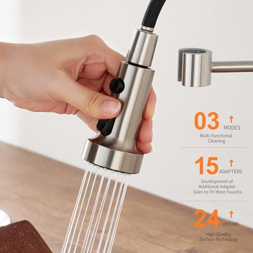 TIORIY Pull Down Spray Head Replacement - for Kitchen Faucet Sprayer Head with 15 Adapters, 3 Function Pull Out Faucet Spray Nozzle, Brushed Nickel - Image 3