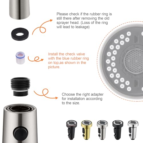 TIORIY Pull Down Spray Head Replacement - for Kitchen Faucet Sprayer Head with 15 Adapters, 3 Function Pull Out Faucet Spray Nozzle, Brushed Nickel - Image 4