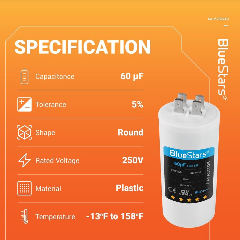 BlueStars 60uf CBB60 250 Volt Motor Runstart Capacitor Replacement - Perfect Fit for Starting AC Motor with 50Hz/60Hz Frequency - Image 3