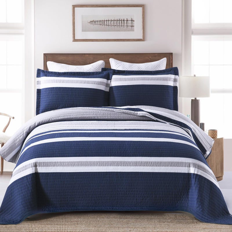SahSahCasa Quilt King Size, 100% Cotton King Quilt Set, Navy Blue Striped Quilt, King Quilt Bedding Set Bedspreads, Lightweight Comforter for King Bed, All Season, Navy Blue, 3 Pieces - Image 1