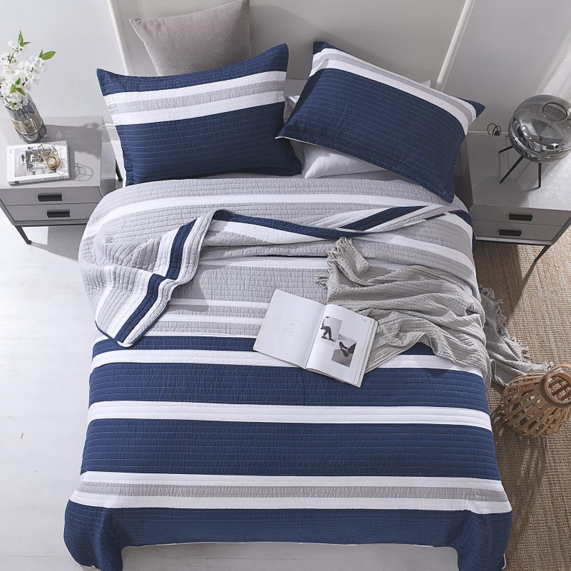 SahSahCasa Quilt King Size, 100% Cotton King Quilt Set, Navy Blue Striped Quilt, King Quilt Bedding Set Bedspreads, Lightweight Comforter for King Bed, All Season, Navy Blue, 3 Pieces - Image 2