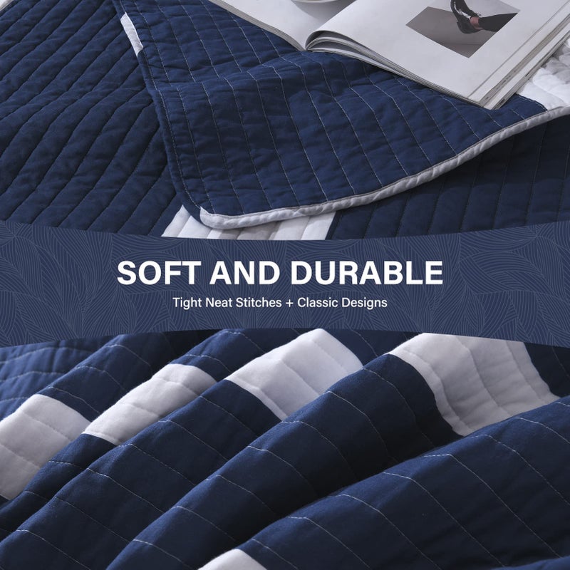 SahSahCasa Quilt King Size, 100% Cotton King Quilt Set, Navy Blue Striped Quilt, King Quilt Bedding Set Bedspreads, Lightweight Comforter for King Bed, All Season, Navy Blue, 3 Pieces - Image 5