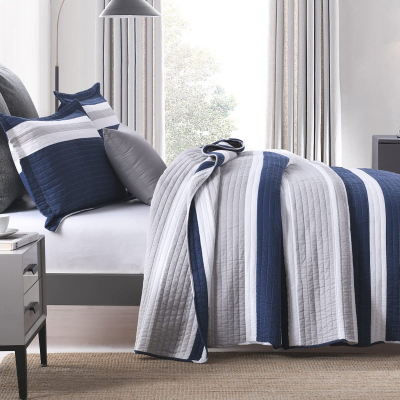 SahSahCasa Quilt King Size, 100% Cotton King Quilt Set, Navy Blue Striped Quilt, King Quilt Bedding Set Bedspreads, Lightweight Comforter for King Bed, All Season, Navy Blue, 3 Pieces - Image 3