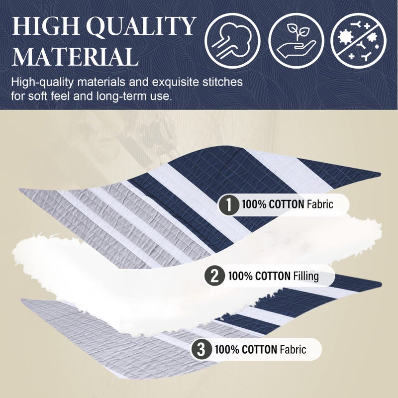 SahSahCasa Quilt King Size, 100% Cotton King Quilt Set, Navy Blue Striped Quilt, King Quilt Bedding Set Bedspreads, Lightweight Comforter for King Bed, All Season, Navy Blue, 3 Pieces - Image 4