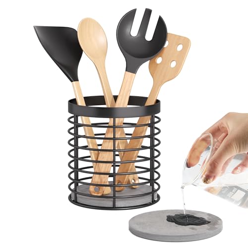 DTONIMA Utensil holder - Large Round Utensils Holder with Diatomaceous Base Matte Black Cooking Utensil Holder,Kitchen countertop Utensil Organizer (Metal) - Image 1