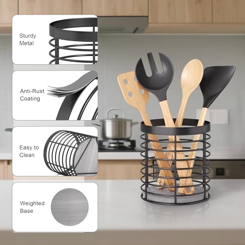 DTONIMA Utensil holder - Large Round Utensils Holder with Diatomaceous Base Matte Black Cooking Utensil Holder,Kitchen countertop Utensil Organizer (Metal) - Image 5