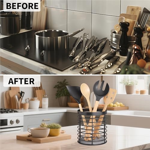 DTONIMA Utensil holder - Large Round Utensils Holder with Diatomaceous Base Matte Black Cooking Utensil Holder,Kitchen countertop Utensil Organizer (Metal) - Image 2
