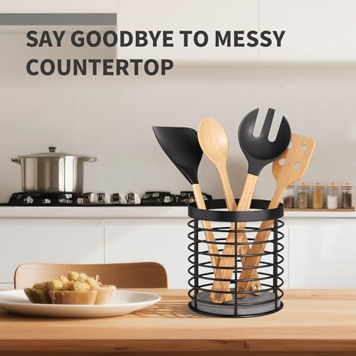DTONIMA Utensil holder - Large Round Utensils Holder with Diatomaceous Base Matte Black Cooking Utensil Holder,Kitchen countertop Utensil Organizer (Metal) - Image 4