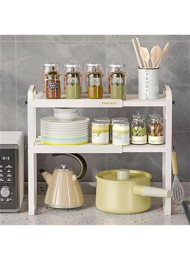 HOOKOR Extendable Kitchen Cabinet Shelf Organizers,Microwave Oven Rack Stand Organizer,Kitchen Countertop Storage, Spice Organizer,Under Sink Cabinet Organizer for Kitchen Bathroom Cabinet (White) - Image 3
