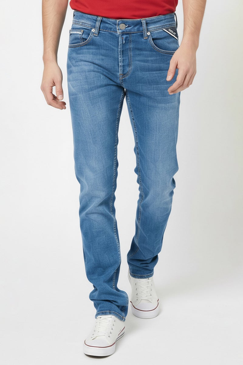Replay Men Straight Fit Washed Stretchable Jeans, Blue - Image 1