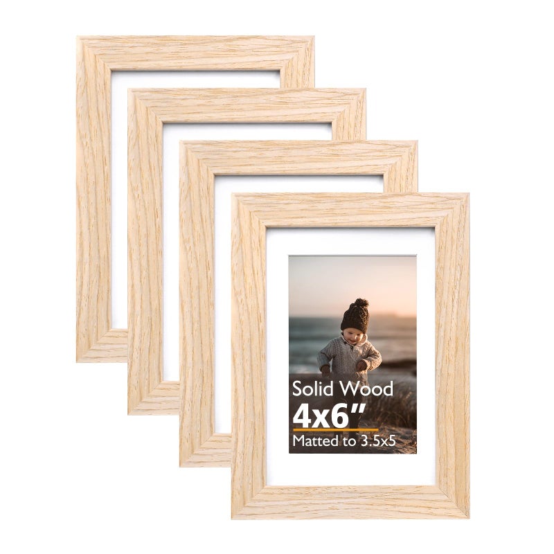KINLINK 4x6 Picture Frames Natural Wood Frames with Acrylic Plexiglass for Pictures 35x5 with Mat or 4x6 without Mat Tabletop and Wall Mounting Display Set of 4