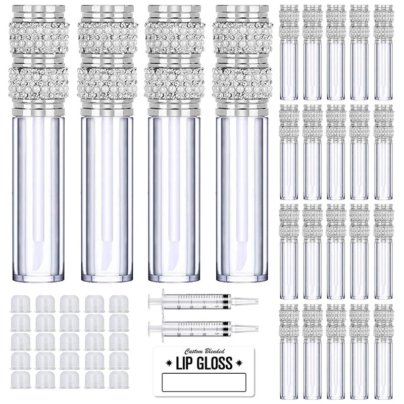 AMORIX 24 Pack 5ml Lip Gloss Tubes with Wand Pearl Style Lip Gloss Containers Lipgloss Bottles with 2pcs Syringes + Labels for DIY Lip Gloss