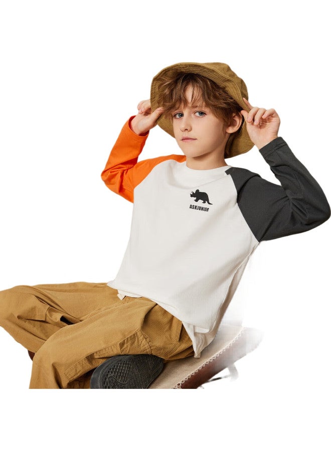 Ask Junior Boys' Long-Sleeve T-Shirt, Spring Children'S Printed Contrast Color Running Undershirt, White, Size 170 - Image 2