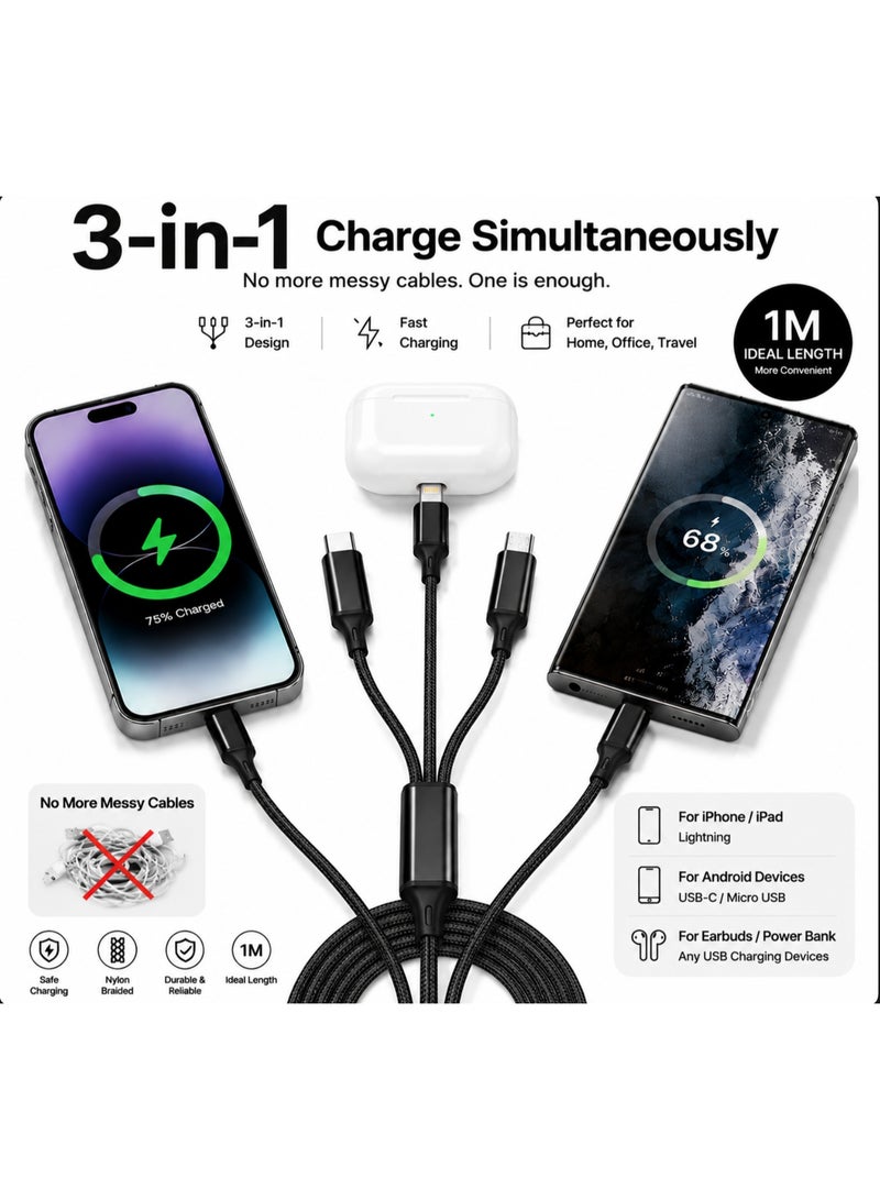 Black 1M 3-in-1 Multi Charging Cable, Nylon Braided Universal USB to Type-C/Micro/Lightning Cord for iPhone, Samsung, Android - Image 2