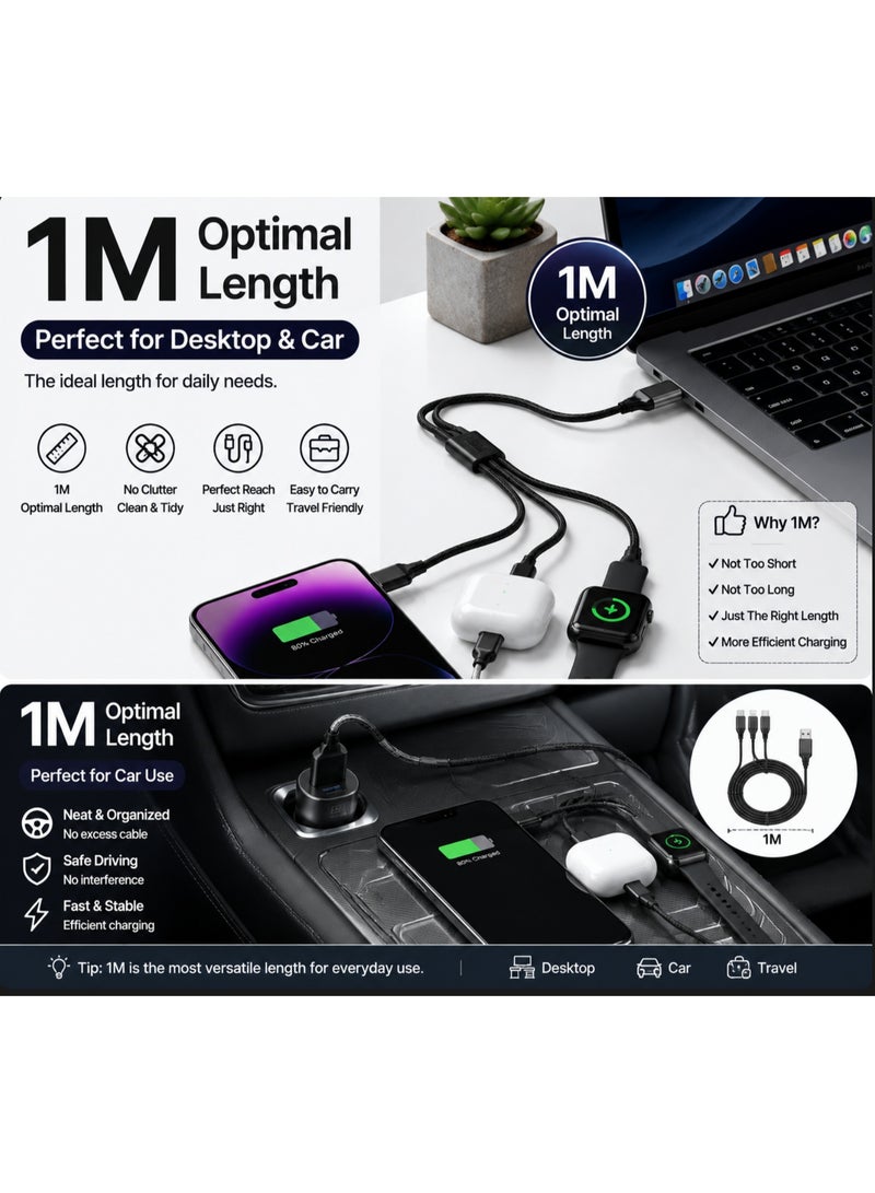Black 1M 3-in-1 Multi Charging Cable, Nylon Braided Universal USB to Type-C/Micro/Lightning Cord for iPhone, Samsung, Android - Image 4