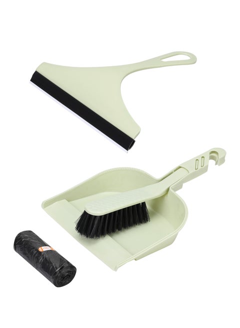 Dustpan and Brush Set with One Scraper and Trash Bag -Green- Heavy-Duty Cleaning Kit with Ergonomic Handle for Multi-Purpose Sweeping and Scraping - for Home, Office, Kitchen, and Outdoor Use