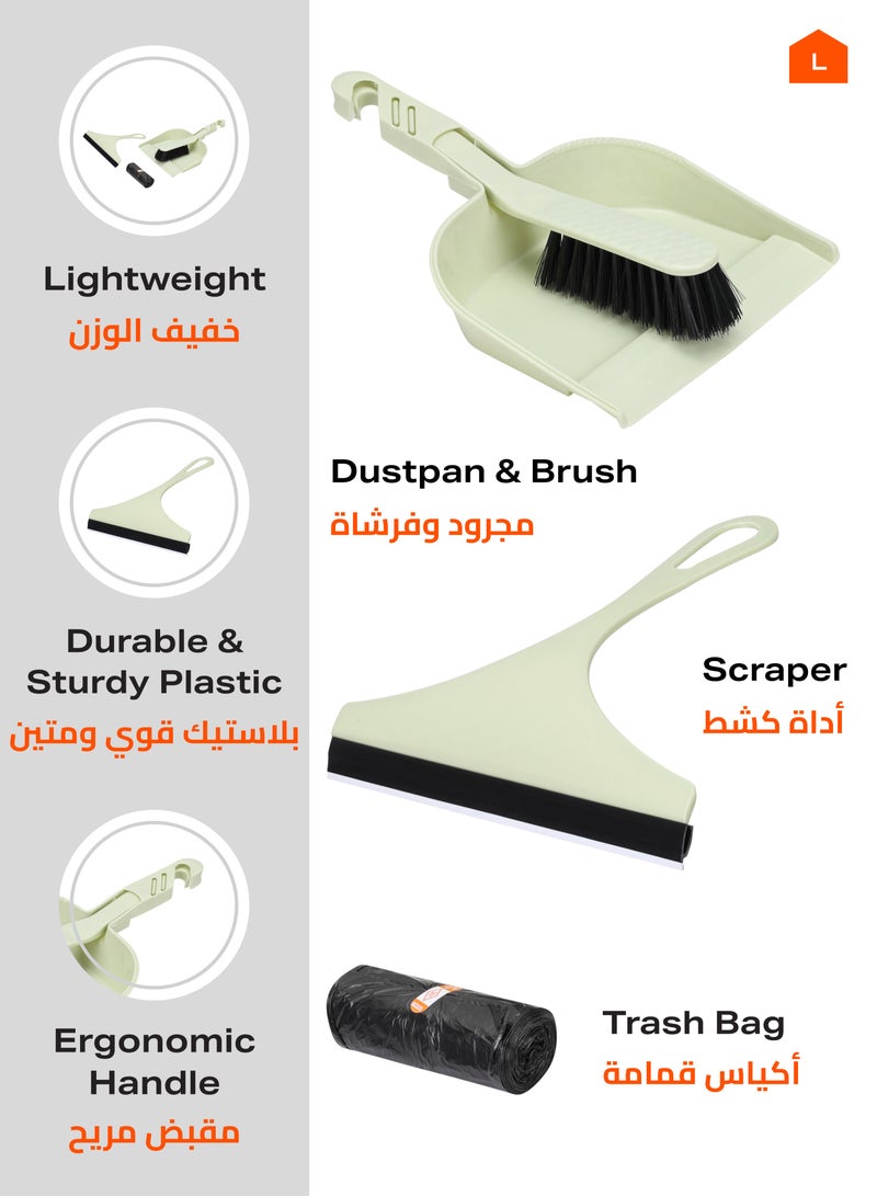 LAWAZIM Dustpan and Brush Set with One Scraper and Trash Bag -Green- Heavy-Duty Cleaning Kit with Ergonomic Handle for Multi-Purpose Sweeping and Scraping - for Home, Office, Kitchen, and Outdoor Use - Image 2