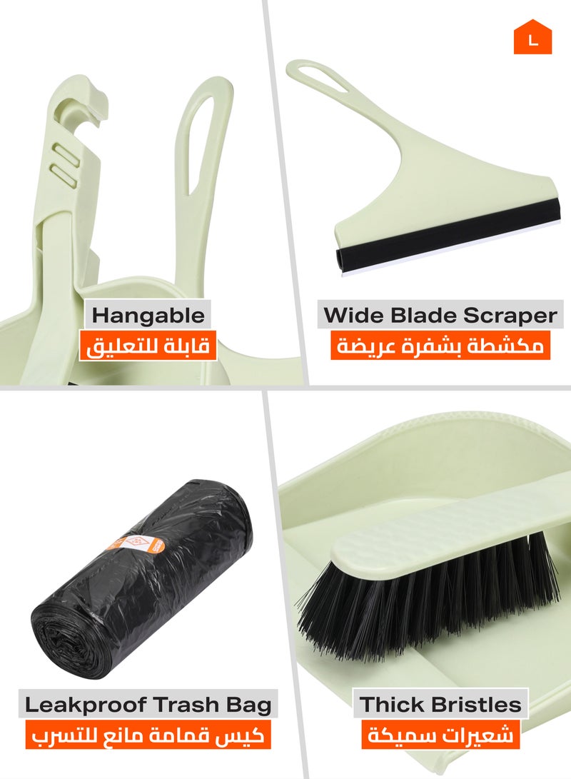 LAWAZIM Dustpan and Brush Set with One Scraper and Trash Bag -Green- Heavy-Duty Cleaning Kit with Ergonomic Handle for Multi-Purpose Sweeping and Scraping - for Home, Office, Kitchen, and Outdoor Use - Image 3