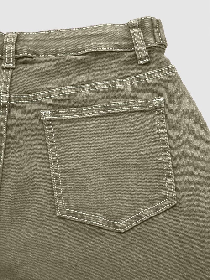 Flamingals Wide Leg Jeans for Women Mid Waist Baggy Stitch Decor Denim Washed Pants Without Belt Green XL - Image 4
