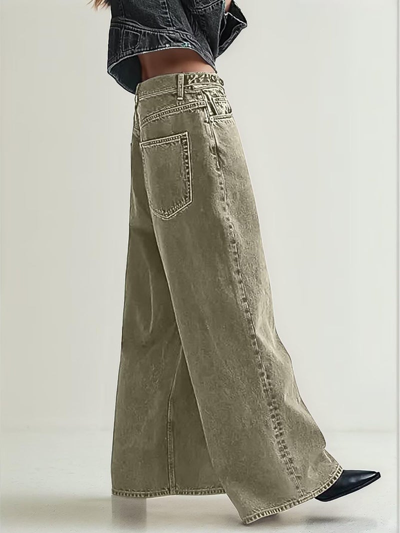 Flamingals Wide Leg Jeans for Women Mid Waist Baggy Stitch Decor Denim Washed Pants Without Belt Green XL - Image 2