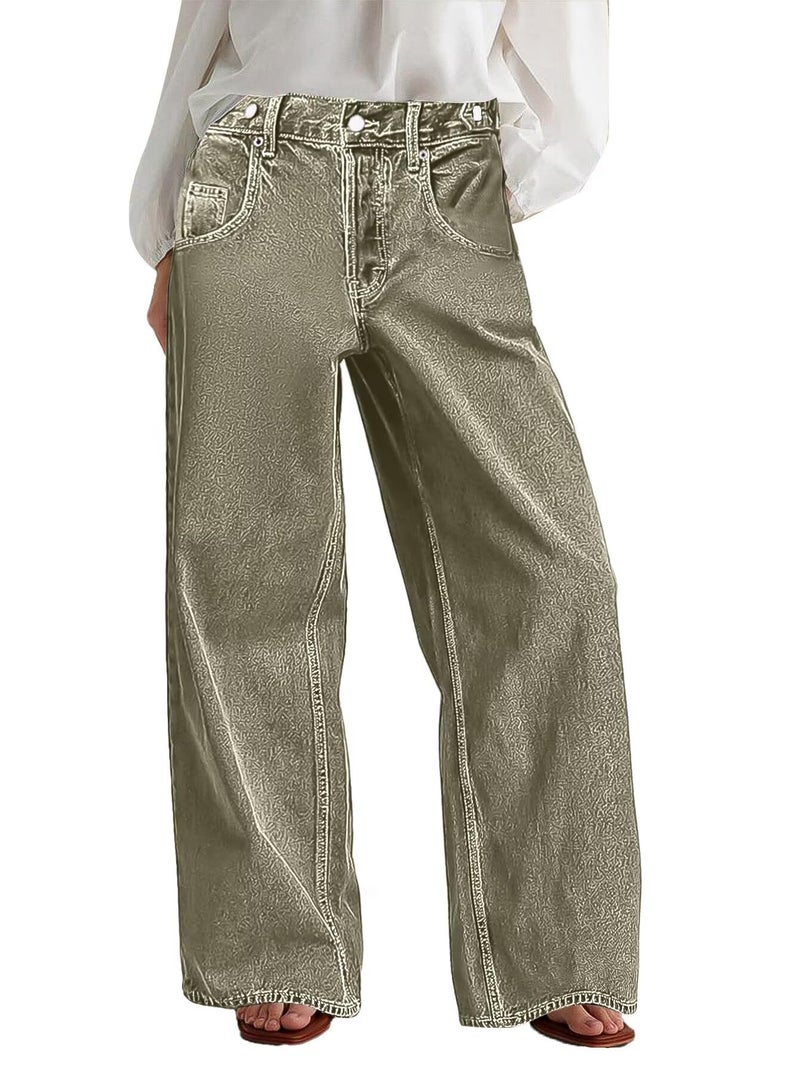 Flamingals Wide Leg Jeans for Women Mid Waist Baggy Stitch Decor Denim Washed Pants Without Belt Green XL - Image 1