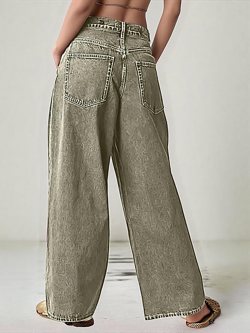 Flamingals Wide Leg Jeans for Women Mid Waist Baggy Stitch Decor Denim Washed Pants Without Belt Green XL - Image 3