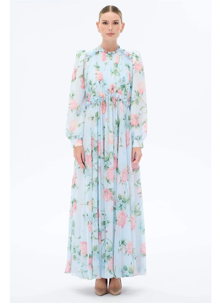 Miha Floral Patterned Dress with Gathered Collar Blue