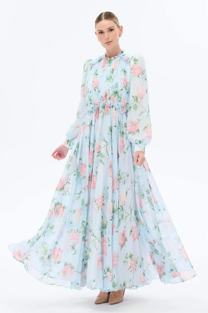 Miha Floral Patterned Dress with Gathered Collar Blue