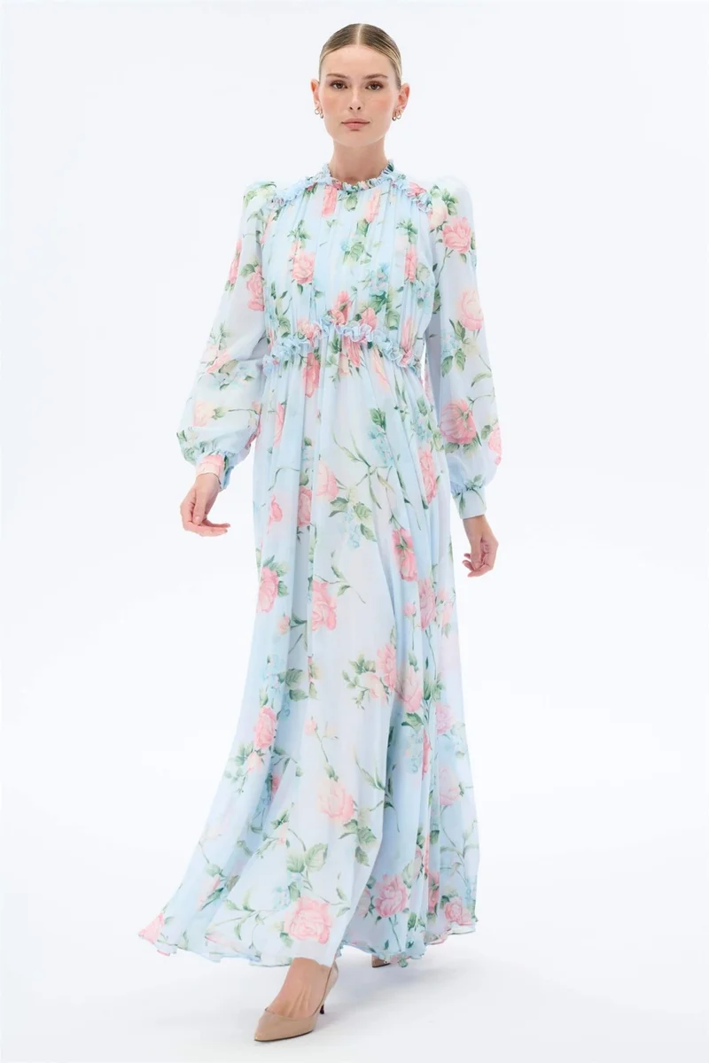 Miha Floral Patterned Dress with Gathered Collar Blue
