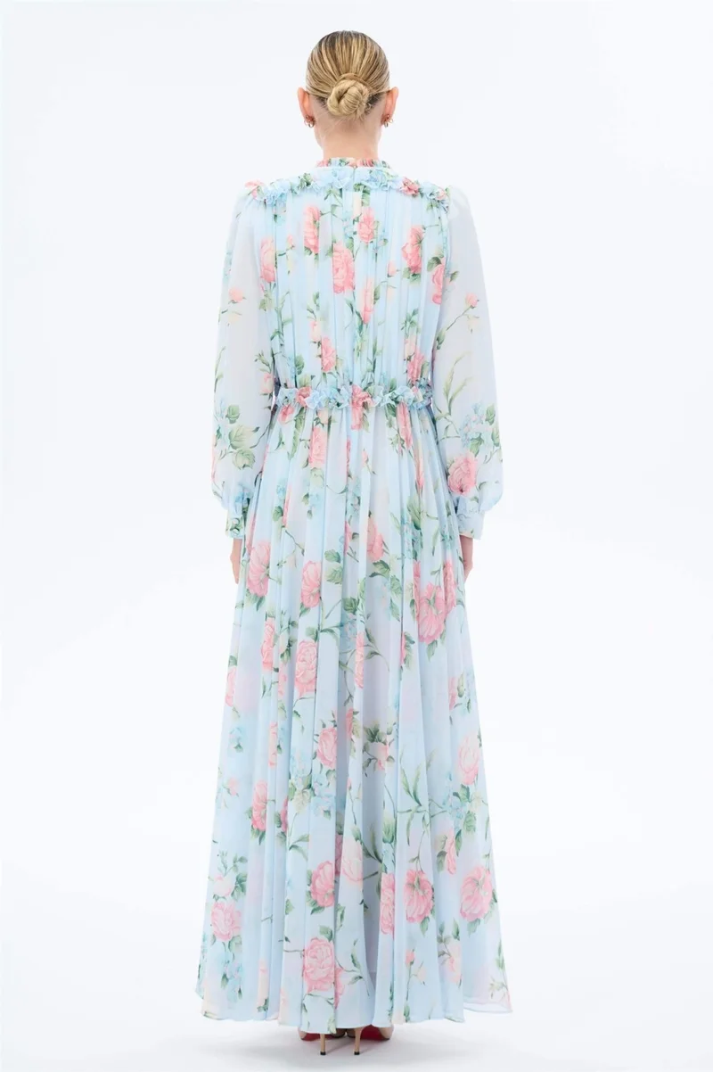 Miha Floral Patterned Dress with Gathered Collar Blue