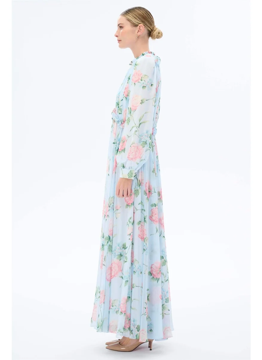 Miha Floral Patterned Dress with Gathered Collar Blue