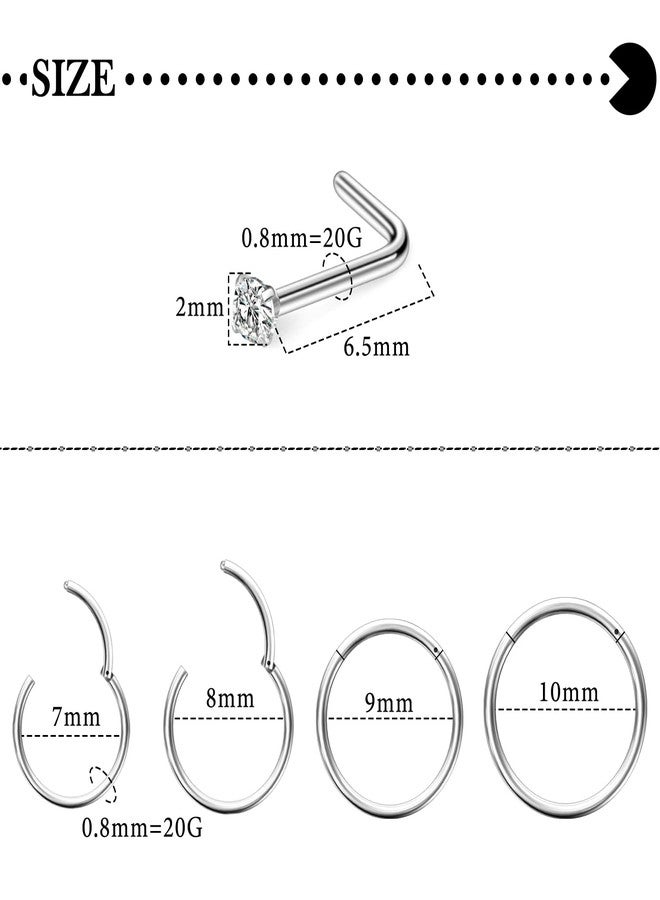 Hoeudjo Hinged Nose Rings Hoop Surgical Steel Cubic Zirconia Nose Studs Kit for Women Men Tiny Nose Stud L Shaped Nostril Rings Piercing Jewelry 20 Gauge 10 Pieces - Image 2