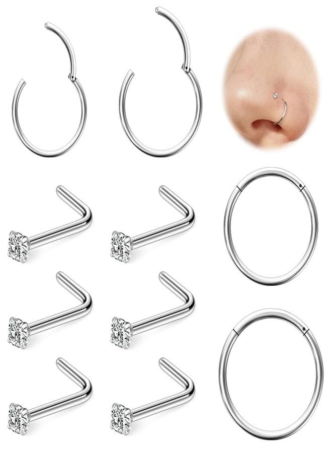 Hoeudjo Hinged Nose Rings Hoop Surgical Steel Cubic Zirconia Nose Studs Kit for Women Men Tiny Nose Stud L Shaped Nostril Rings Piercing Jewelry 20 Gauge 10 Pieces - Image 1