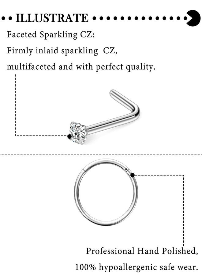 Hoeudjo Hinged Nose Rings Hoop Surgical Steel Cubic Zirconia Nose Studs Kit for Women Men Tiny Nose Stud L Shaped Nostril Rings Piercing Jewelry 20 Gauge 10 Pieces - Image 3
