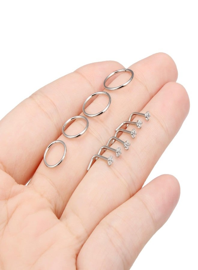 Hoeudjo Hinged Nose Rings Hoop Surgical Steel Cubic Zirconia Nose Studs Kit for Women Men Tiny Nose Stud L Shaped Nostril Rings Piercing Jewelry 20 Gauge 10 Pieces - Image 4
